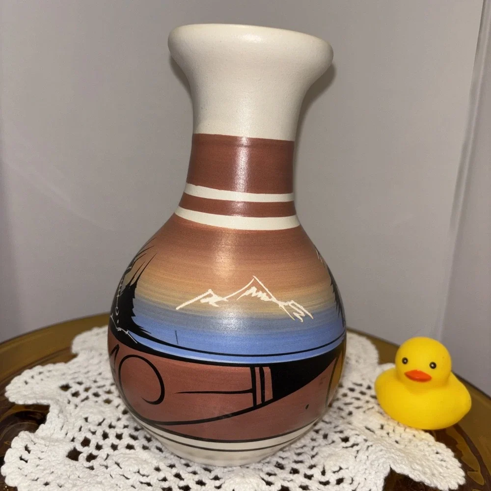 Handcrafted Navajo Indian Etched Pottery Vase, Signed by Artist